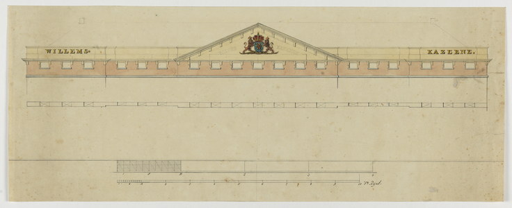 214964 Aanzicht van een ontworpen frontispice en daklijst van de Willemskazerne (Wittevrouwenkade) te Utrecht.